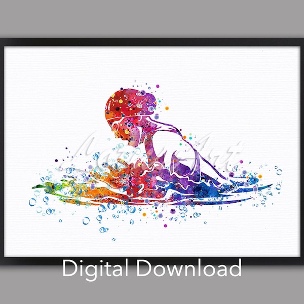 DIGITALER DOWNLOAD Mädchen Schwimmen Wand Kunst Aquarell Druck Wassersport Malerei Bunte Wohnkultur Poster Mädchen Zimmer Dekor Schwimmer Geschenke