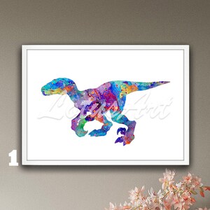 Dinosaur Velociraptor Wall Art Watercolor Print Nursery Framed Poster