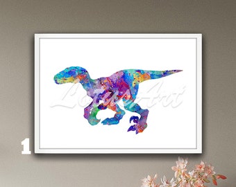 Dinosaur Velociraptor Wall Art Watercolor Print Nursery Framed Poster