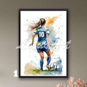 Fußball Mädchen Personalisiert mit Name und Nummer Wand Kunst Aquarell Fußball Spieler Print Sport Poster
