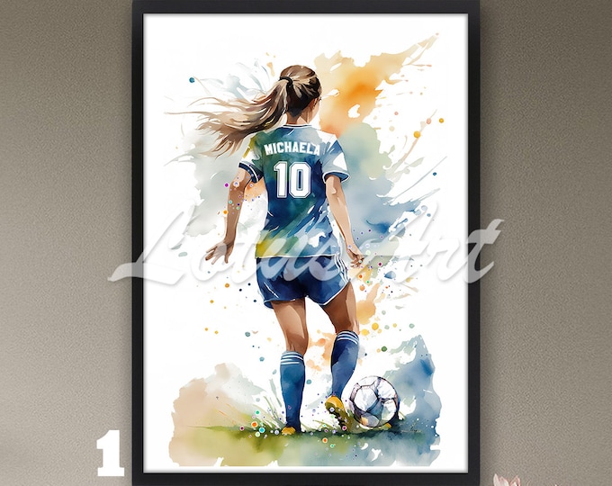 Fille de football personnalisée avec nom et numéro, art mural, impression de joueur de football, aquarelle, affiche de sport