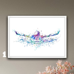Arte de pared con mariposas nadando, impresión en acuarela enmarcada, póster deportivo, decoración del hogar, ilustración para habitación de niñas, pintura para niños, regalo personalizado