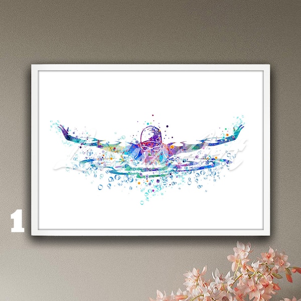 Butterfly Swimming Wall Art Framed Watercolor Print Sports Poster Home Decor Girls Room Illustration Nursery Kids Painting Personalised Gift