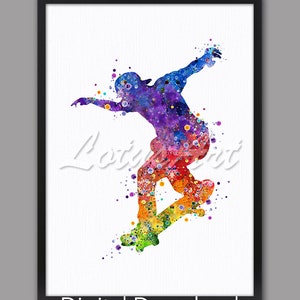DIGITAL DOWNLOAD Boy Skateboard Watercolor Wall Art Sports Poster Boys Room Decor Kids Gifts Home Decor Man Skateboarding Painting Art