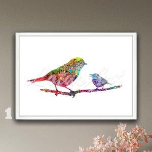 Mom and Cute Baby Bird Wall Art Painting Watercolor Framed Print