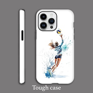 Pode incluir: Capa de telefone branca com uma ilustração de aquarela de uma jogadora de voleibol atacando a bola. A jogadora está vestindo uma camisa azul e branca com o número 23. O fundo é uma aquarela branca.