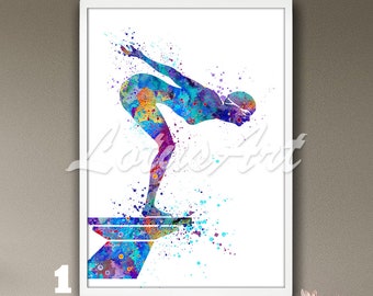 Girl Swimmer Wall Art Framed Water Sports Painting Watercolor Print Swimming Girls Room Decor Female Illustration Personalised Custom Gifts