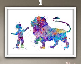 Aquarelprint jongen en leeuw: gepersonaliseerde kinderkamerdecoratie