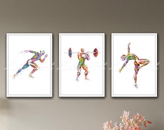 Muscles Anatomy Art Prints: Runner, Weightlifter, Gymnast - Set of 3