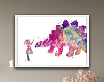 May include: A watercolor painting of a little girl reaching out to a large, colorful dinosaur. The dinosaur is pink, purple, and blue with a spiky back. The girl is wearing a pink dress and has brown hair.