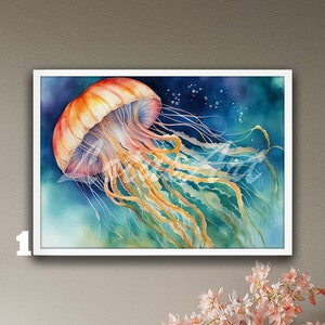 Jellyfish Watercolor Wall Art Print Water Animals Poster Nautical Bathroom Decor Sea Coastal Decor Gift