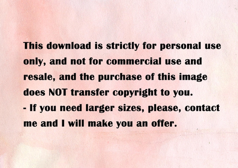 May include: Text on a pink background stating that this download is strictly for personal use only, and not for commercial use and resale. It also states that the purchase of this image does NOT transfer copyright to you. The text also states that if you need larger sizes, please contact me and I will make you an offer.