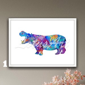 Hippo Wall Art Hippopotamus Decor Framed Watercolor Print Wild Animals Paintings Nursery Gifts Wildlife Poster Kids Room Illustration