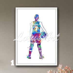 Personalized Girl Basketball Framed Wall Art Player Watercolor Print Sports Poster Nursery Girls Room Personalised Custom Gifts Home Decor
