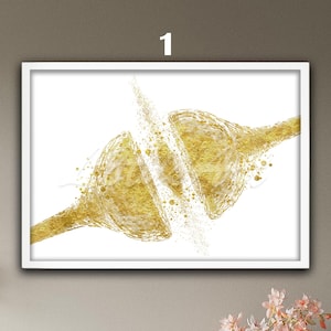 May include: A framed abstract art print featuring a gold-colored design on a white background. The artwork depicts two stylized wine glasses with a splash effect, with the number "1" in the upper left corner.