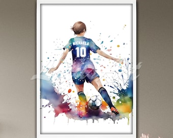 Décoration murale personnalisée aquarelle football fille : nom et numéro personnalisés décoration sport