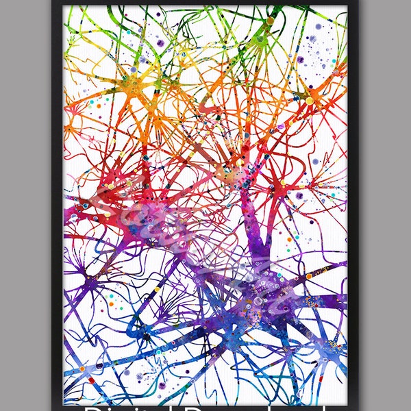 DIGITAL DOWNLOAD Neurons Brain Canvas Neurology Neuron Cell Medical Anatomy Watercolor Print Biology Anatomical Poster Gifts Neural Network