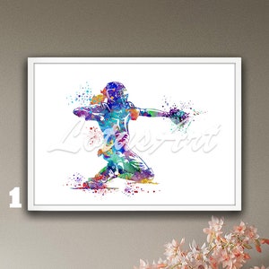 Girl Baseball Softball Catcher Framed Poster Watercolor Wall Art Print Sports Painting Personalised Custom Gift Girls Room Decor Nursery Art