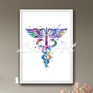 Watercolor Caduceus Print: Medical Symbol Wall Art, Doctor Gift