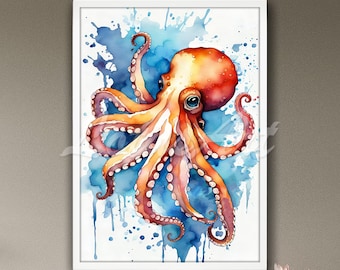 Krake Aquarell Malerei: Ozean Krake Kunstdruck, Meereskreatur Wand