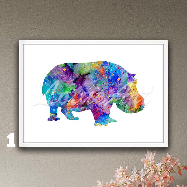 Cute Hippo Art Framed Print Hippopotamus Gifts Watercolor Home Decor Nursery Poster Wild African Animals Personalised Kids Room Gift