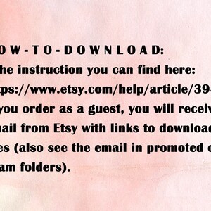May include: Text on a pink background explaining how to download digital files from Etsy. The text includes a link to Etsy's help article on downloading digital files.