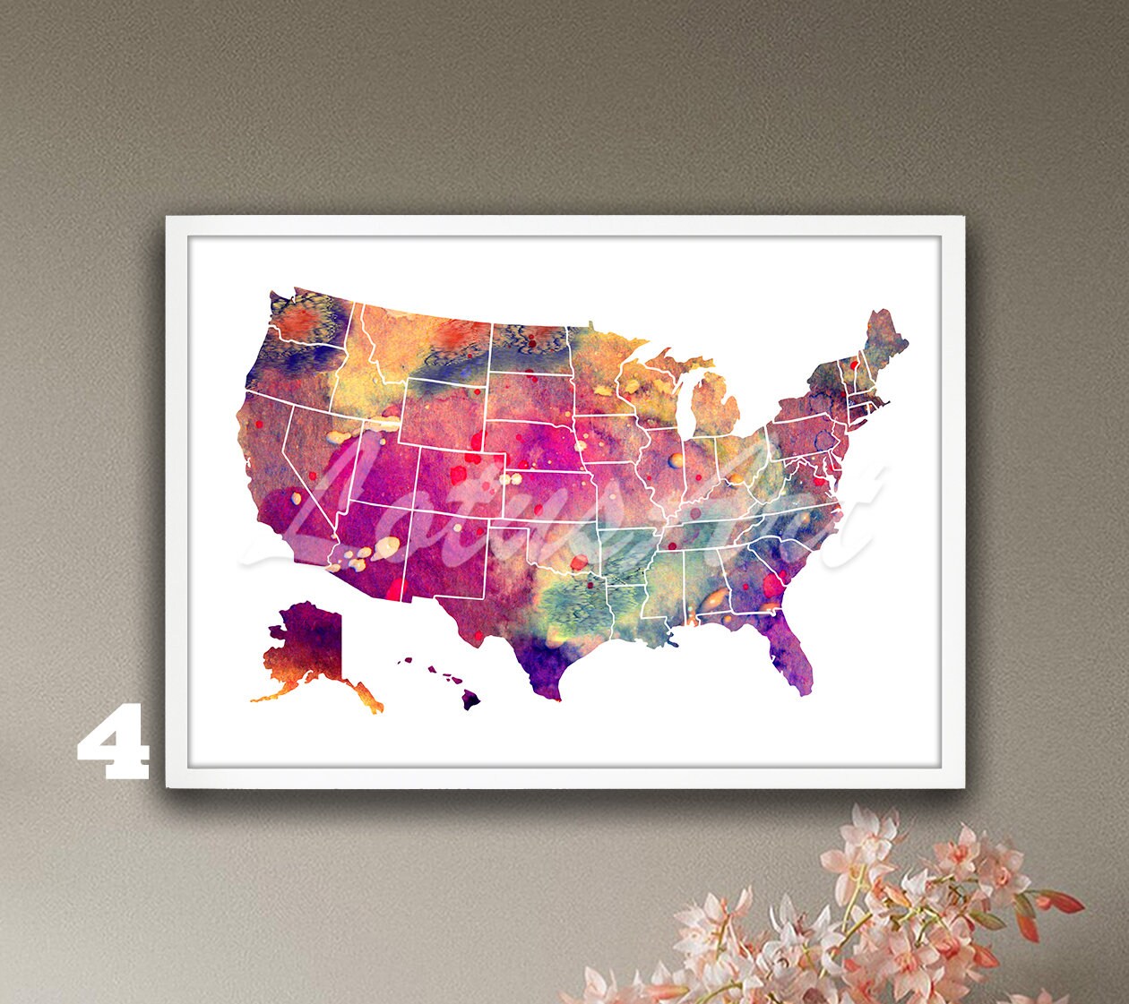 United States Map Wall Art Watercolor Print Travel Poster Living Room