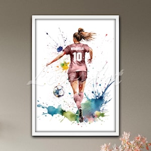 Girl Soccer Watercolor Wall Art Poster, Football Player Print, Sport Girls Room Decor, Female Soccer Personalized Gift, Customize Soccer Art