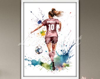 Girl Soccer Watercolor Art Print: Personalized Sports Room Decor