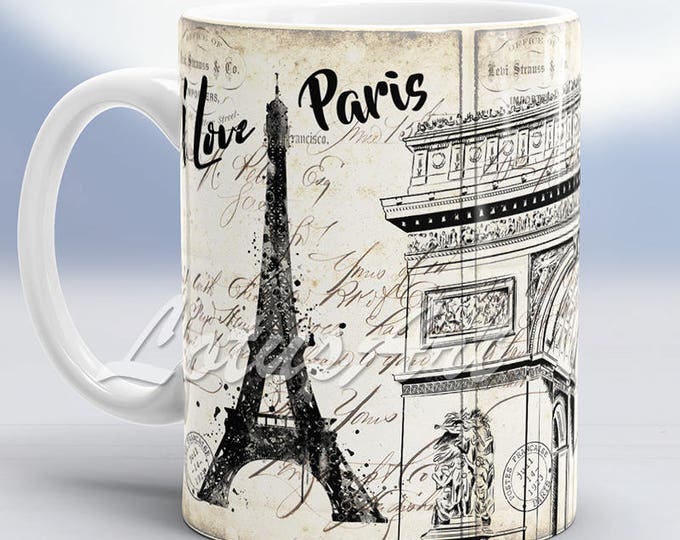 I Love Paris Ceramic Coffee Mug Eiffel Tower Art France Triumphal Arch Personalised Traveler Gift