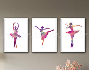 Aquarel kunstprints van ballerina's: set van 3 voor de decoratie van een meisjeskamer