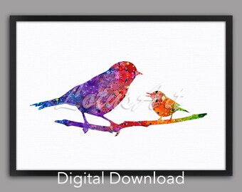 Watercolor Bird Print: Mom and Baby Bird Art, Nursery Decor (Digital Download)