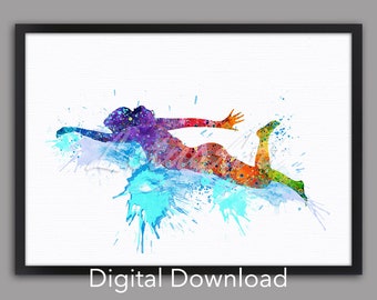 May include: A watercolor painting of a person swimming in a pool of water. The person is depicted in a rainbow of colors, with blue water splashes surrounding them.