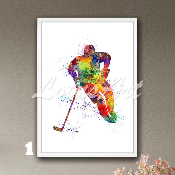 Ice Hockey Boy Aquarell Print: Gerahmter Winter Sport Kunst, Kinderzimmer Dekor