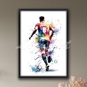 Arte de parede de futebol personalizada, jogador de futebol personalizado, impressão em aquarela, pôster esportivo, decoração de quarto de meninos, pintura, presentes de futebol