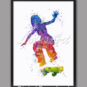 DIGITALER DOWNLOAD Mädchen Skateboard Wandkunst Sport Poster Aquarell Druck Skateboards Mädchenzimmer Dekor Kinderzimmer Dekor Sport Home Decor