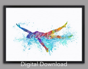 May include: A watercolor painting of a person swimming in a blue and green water splash. The person is in a colorful silhouette, with shades of purple, pink, orange, and yellow.