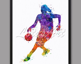 Impresión artística en acuarela de una chica de baloncesto: Decoración deportiva colorida (descarga digital)