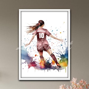 Soccer Female Player, Personalized with Name and Number, Football Watercolor Wall Art Print, Sports Poster, Girls Room Decor, Soccer Gift