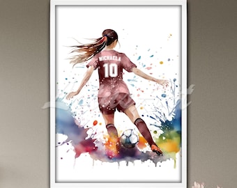 Personalized Soccer Girl Watercolor Print: Custom Name, Sports Wall Art