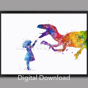 DIGITAL DOWNLOAD Girl and Velociraptor Wall Art Painting Watercolor Print Dinosaur Poster Nursery Art Gifts Girls Room Decor Kids Gift