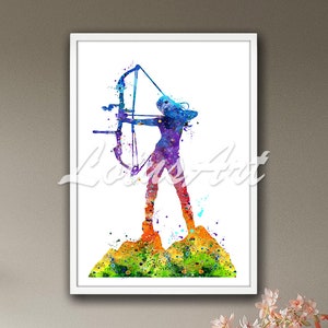 Meisje boogschieten samengestelde boog aquarel muurkunst print vrouwelijke sport poster meisjes kamer decor gepersonaliseerde geschenken illustratie kinderkamerkunst