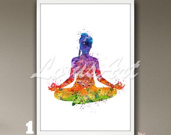Aquarelprint lotus yogahouding: meditatie muurkunst, zen decor, spiritueel kunstwerk cadeau