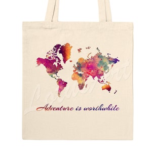 Sac fourre-tout carte du monde Art de l'aquarelle, impression de voyage, cadeau d'aventure
