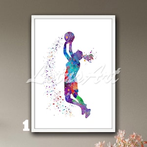 Arte de parede de basquete para meninas, aquarela, impressão emoldurada, pôster esportivo, decoração de quarto de meninas, pintura infantil, presentes personalizados para adolescentes, decoração de casa