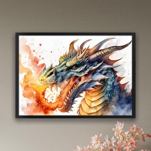 Fire Dragon Art Watercolor Painting Fantasy Print Fantasy Kids Room Decor Animal Lover Gift Wall Art Dragon Poster