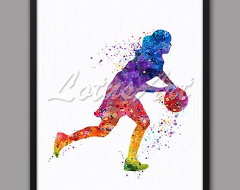 Impresión artística en acuarela de una chica de baloncesto: Decoración deportiva colorida (descarga digital)