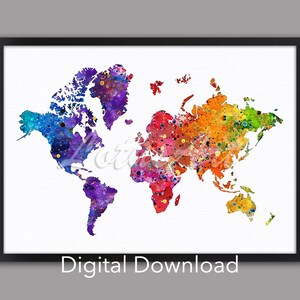 Mapa del mundo Arte Acuarela Pintura Impresión Arte de viaje Póster Decoración del hogar DESCARGA DIGITAL