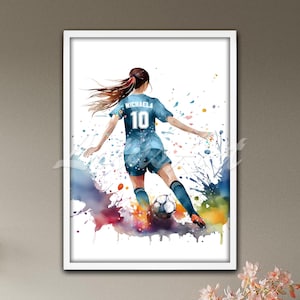 Girl Soccer Player Wall Art Poster, Football Watercolor Print, Sport Girls Room Decor, Personalized Female Soccer Gift, Soccer Art Decor