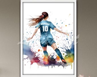 Personalized Soccer Girl Watercolor Art Print: Sports Room Decor